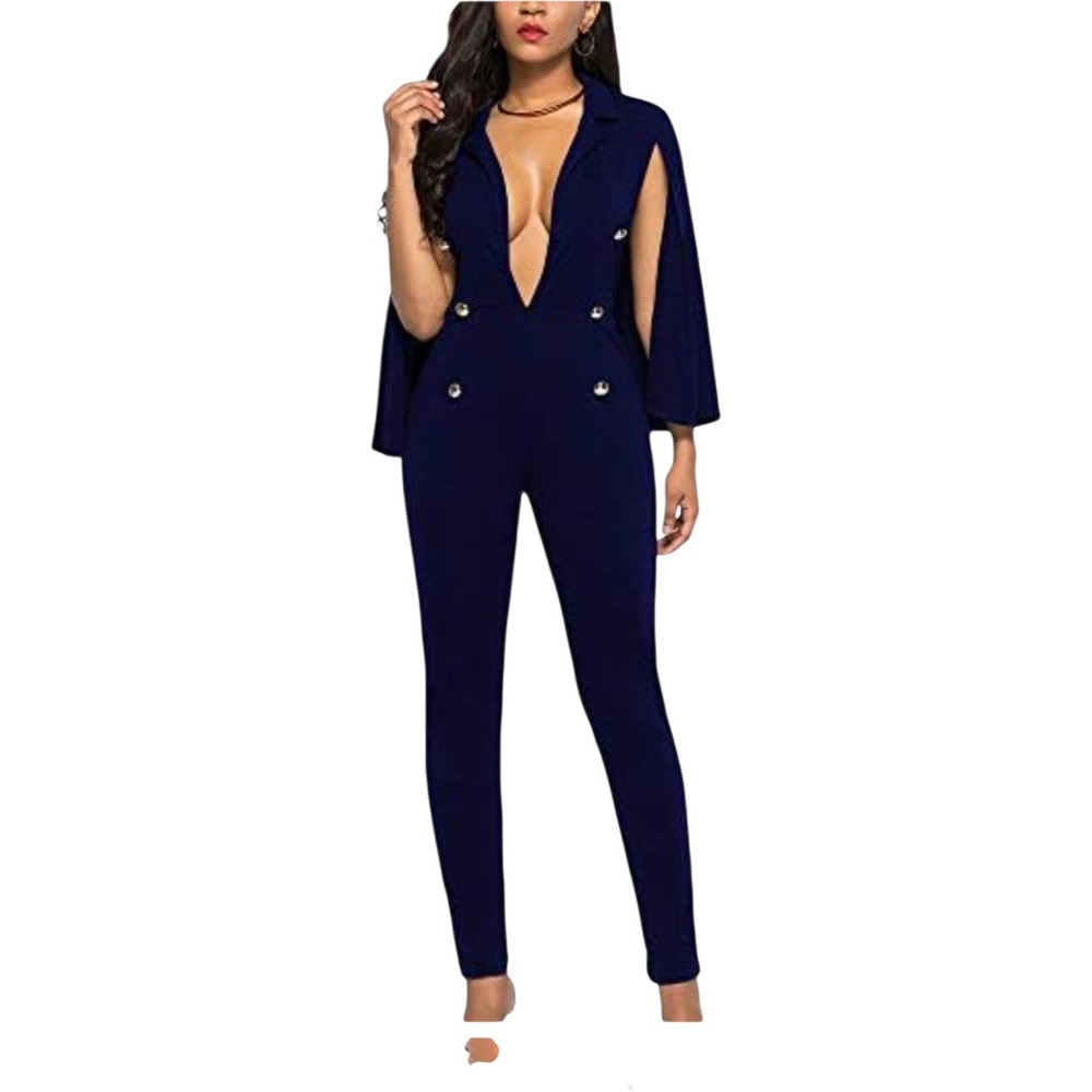 Cape Blazer Jumpsuit Womens Large Navy Blue New Deep V-Neck Double Breasted Slim
